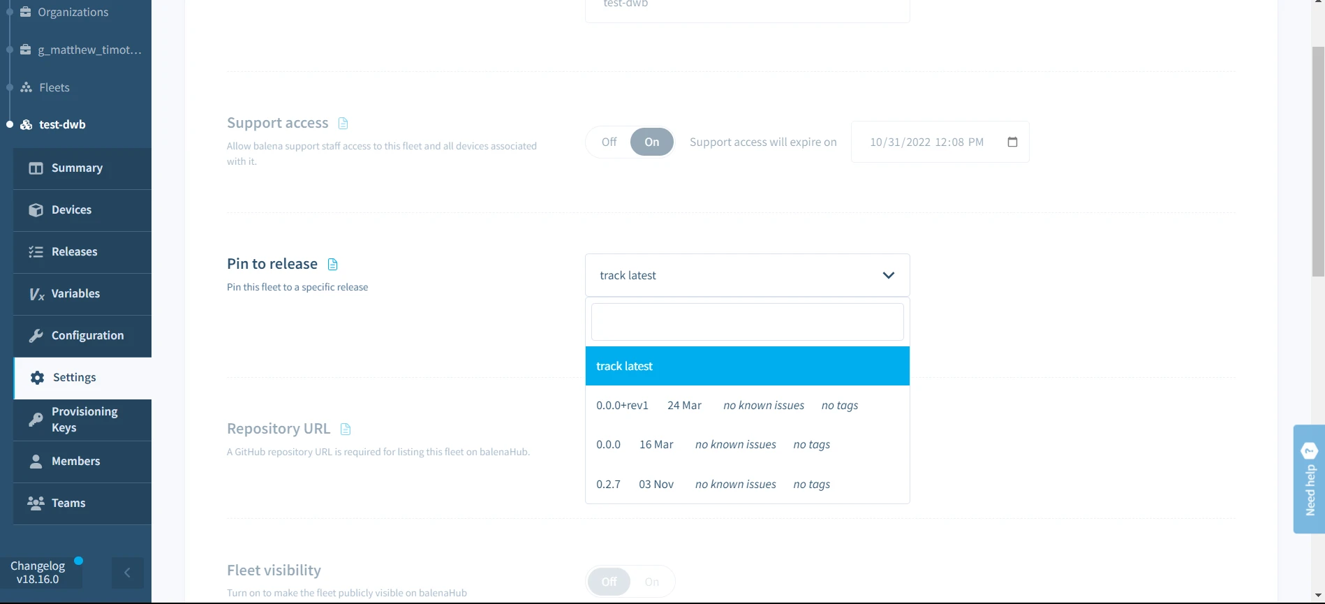 Pin fleet to release setting